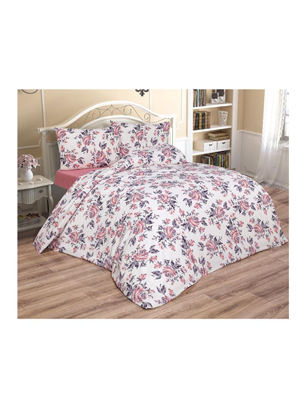 Tasya Çift Kişilik Lastikli Çarşaflı Nevresim Takımı Pembe-1