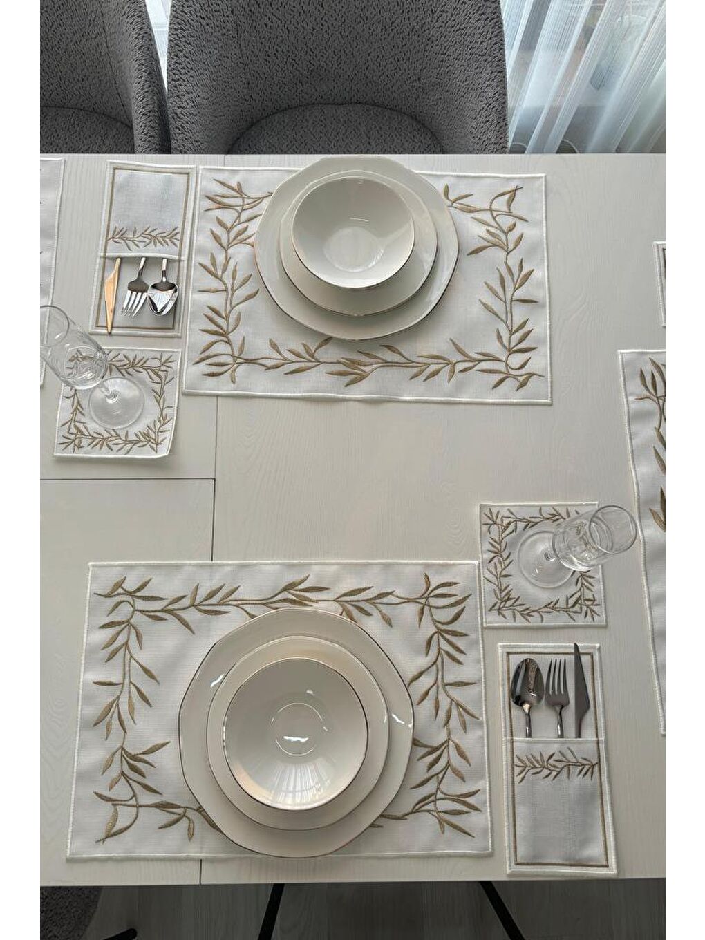 Sarı Nazlım Keten Nakışlı Amerikan Servis Takımı 19 Parça Gold-4