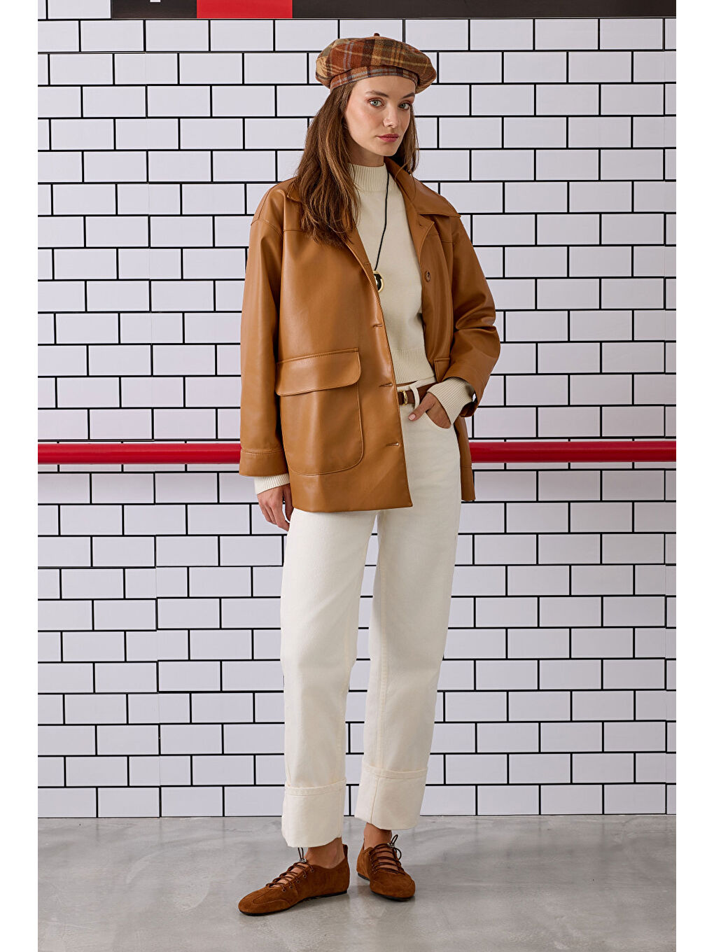 Kahverengi Spor Kesim Deri Ceket Camel-4