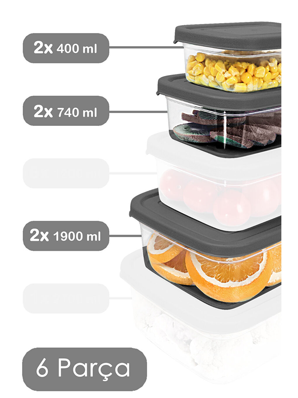 Gri 6'lı Dikdörtgen Erzak Saklama Kabı-1