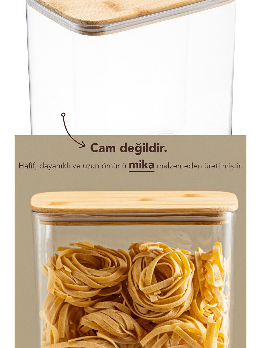 Bej 3'lü Bambu Kapak Aura Dikdörtgen Erzak Saklama Kabı 1 l-3