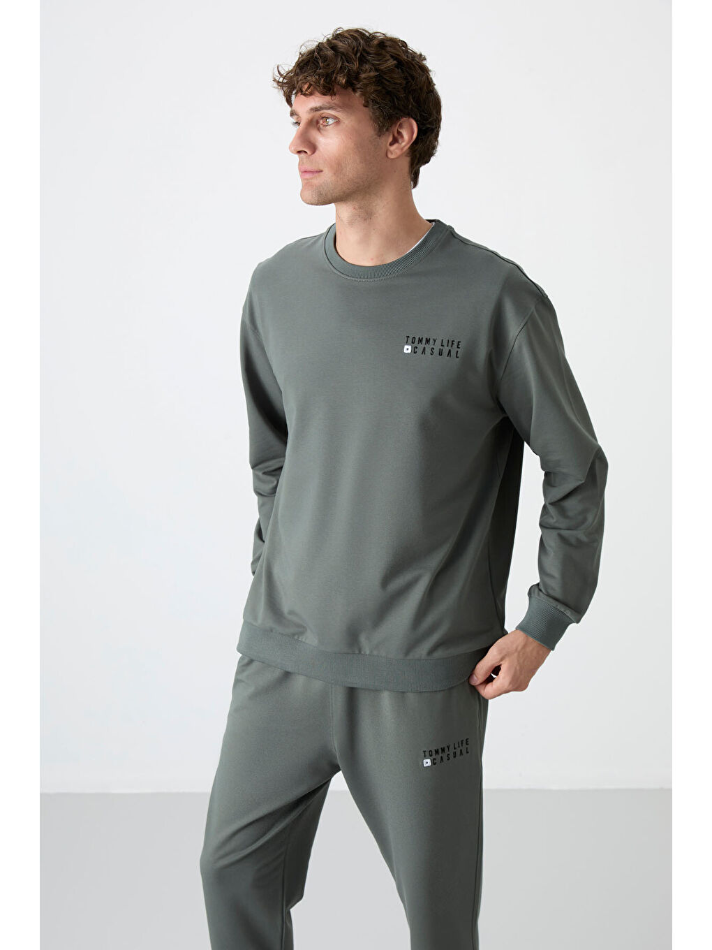 Yeşil Çağla Casual Bisiklet Yaka Lastik Paça Erkek Oversize Eşofman Takımı - 85120-1