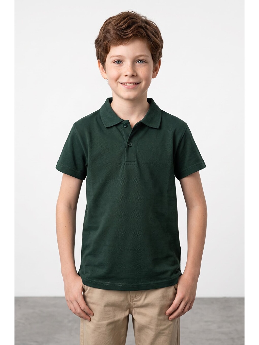 Yeşil Basic Polo Yaka Unisex Çocuk Tişört-1