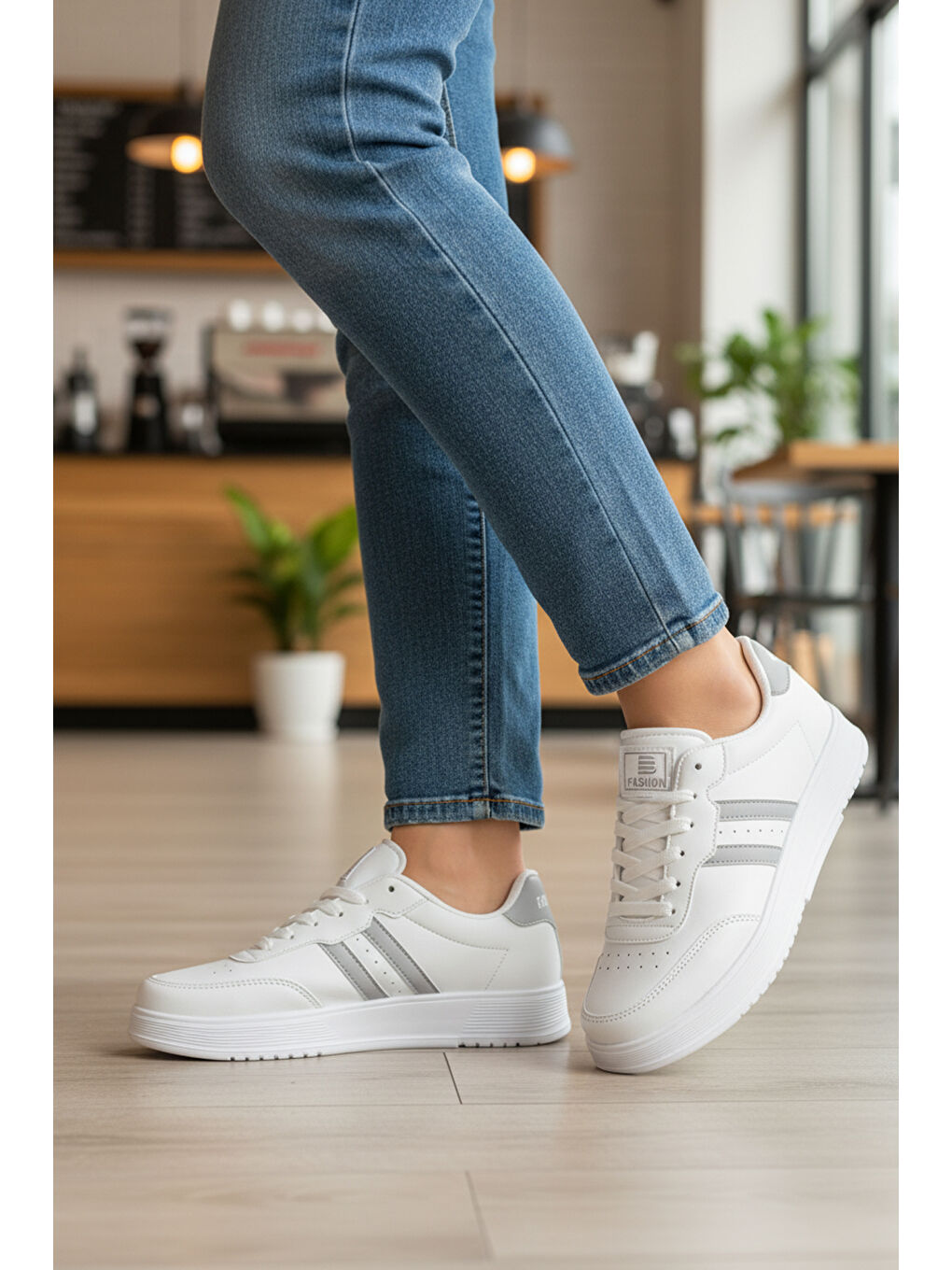 Beyaz Gri Bağcıklı Unisex Cilt Spor Ayakkabı 163 G-2