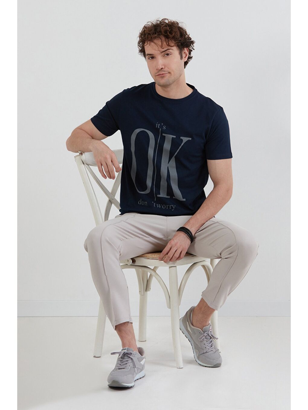 Lacivert It`s Ok Baskılı Bisiklet Yaka Tişört-1