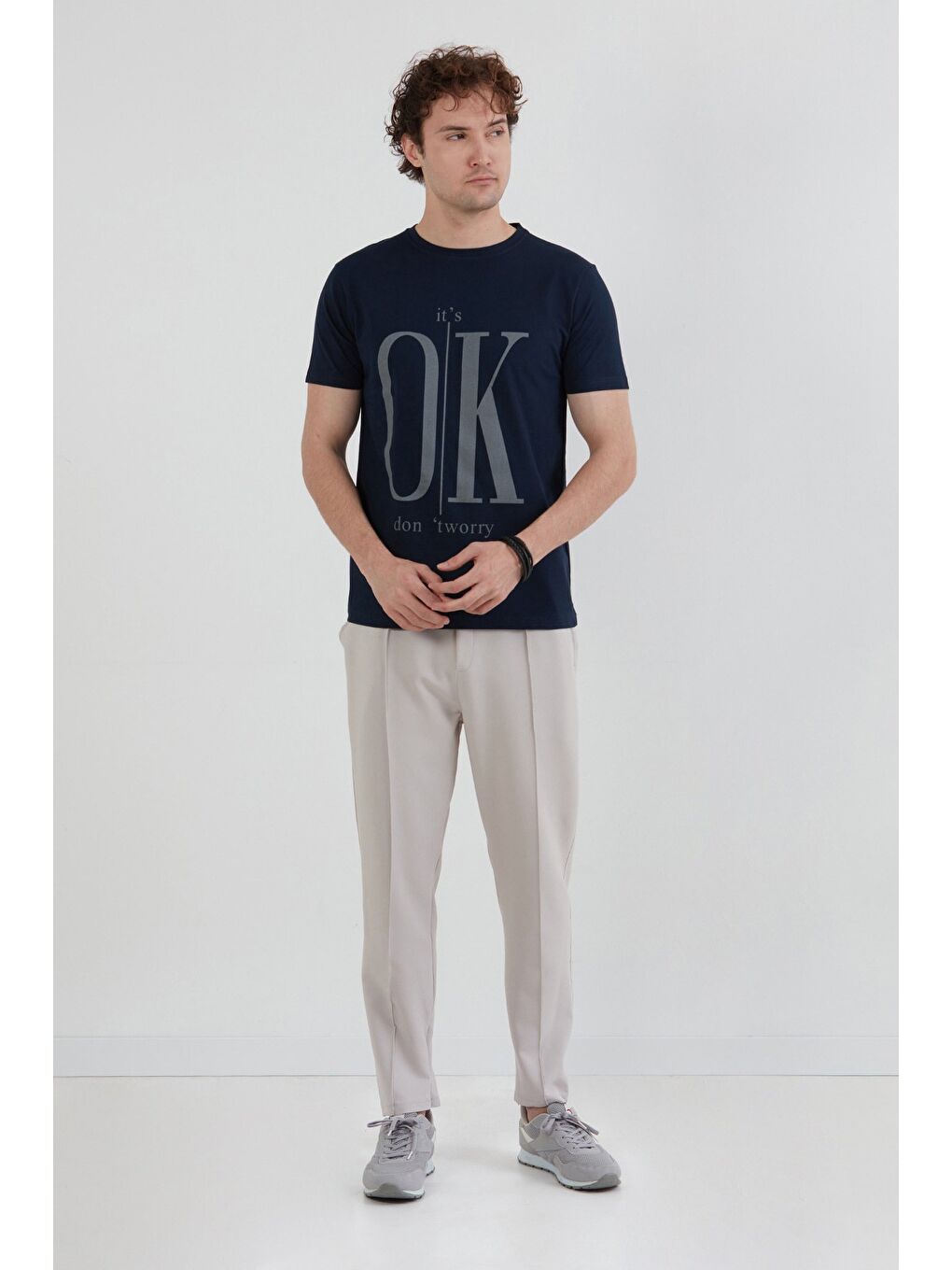 Lacivert It`s Ok Baskılı Bisiklet Yaka Tişört-2