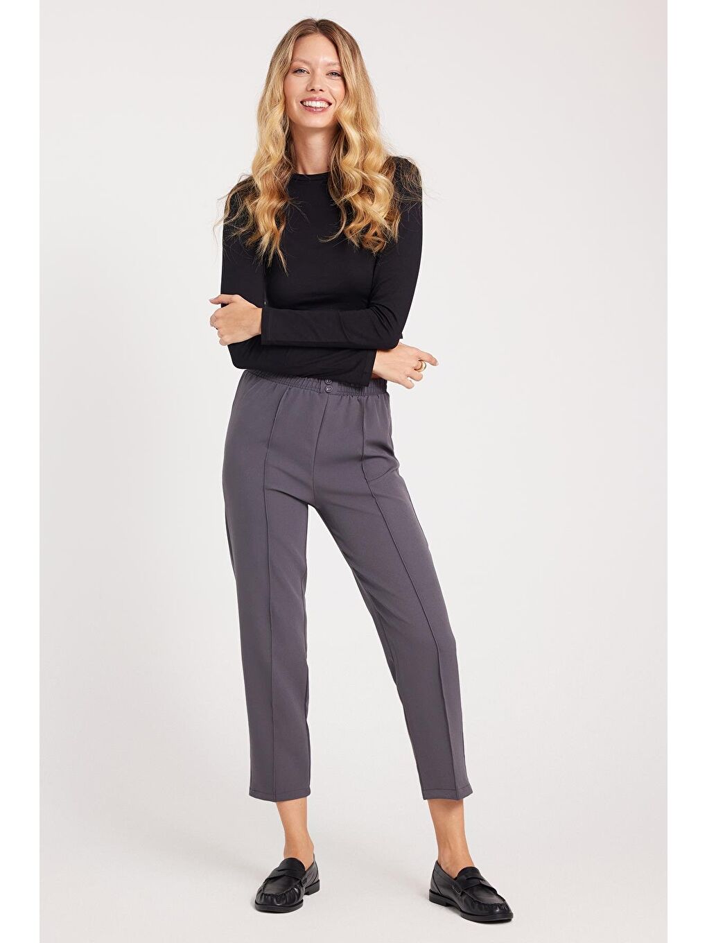 Kadın Relax Fit Rahat Kesim Yüksel Bel Düz Paça Beli Lastikli Antrasit Pantolon-1