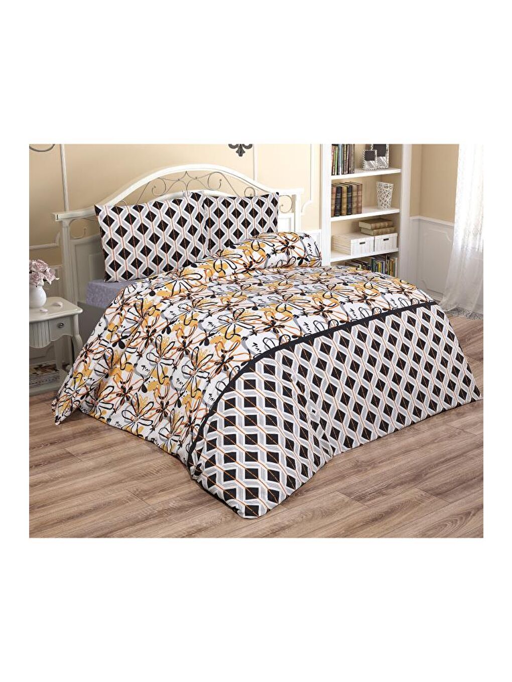 Kahverengi Erika Çift Kişilik Lastikli Çarşaflı Nevresim Takımı Kahve-1