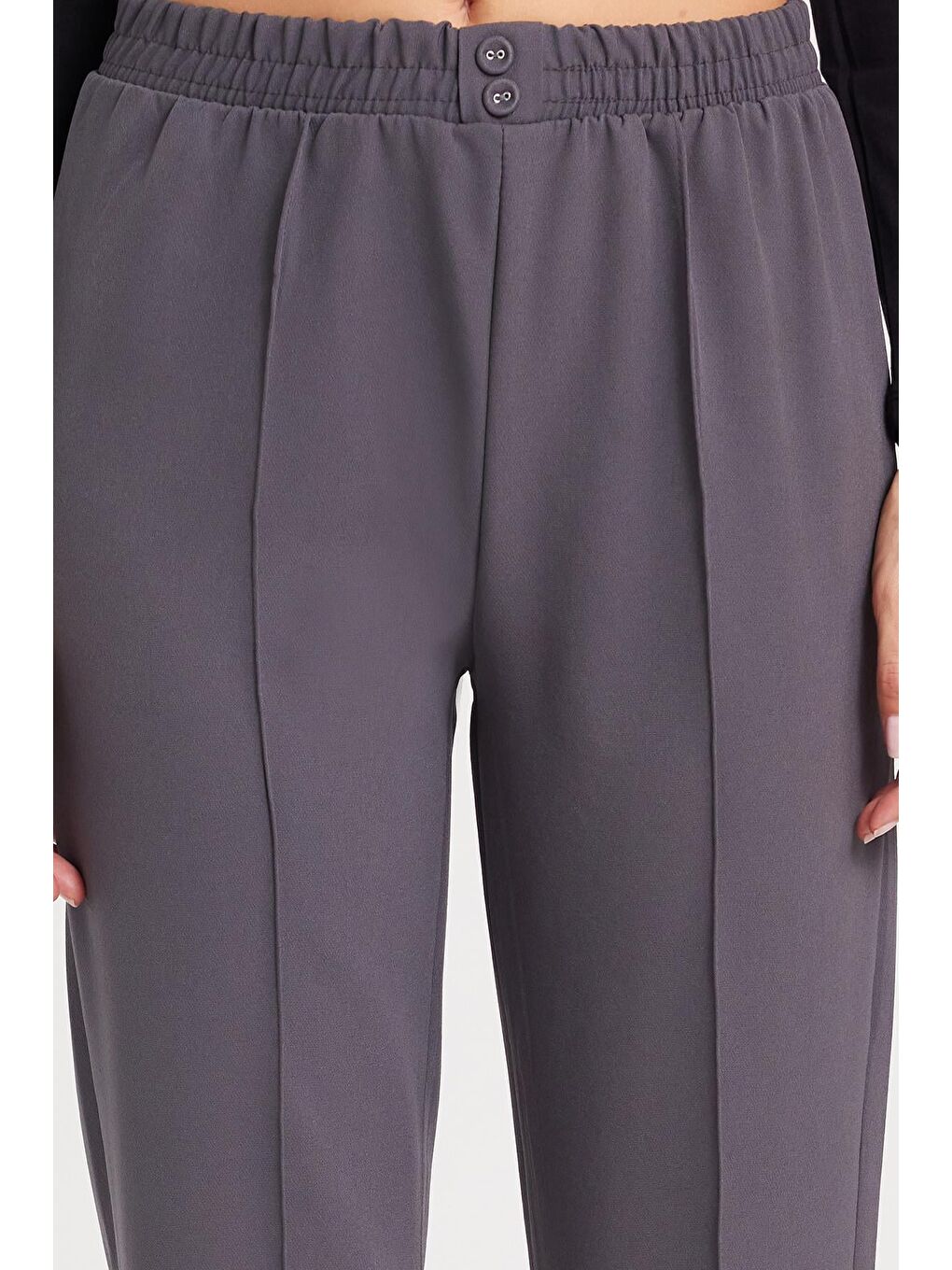 Kadın Relax Fit Rahat Kesim Yüksel Bel Düz Paça Beli Lastikli Antrasit Pantolon-2