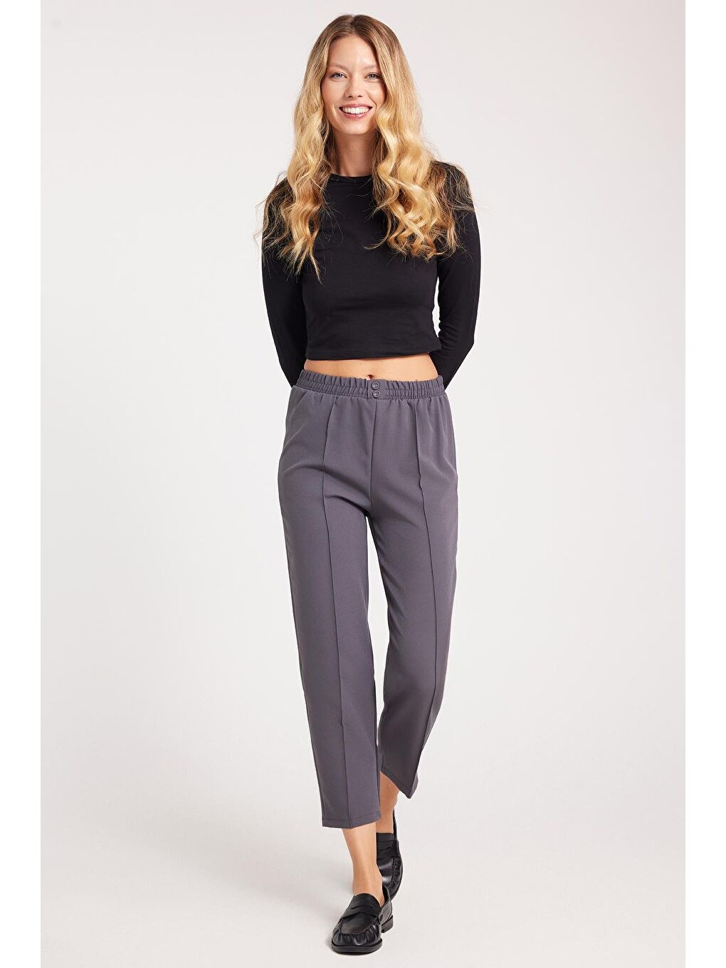 Kadın Relax Fit Rahat Kesim Yüksel Bel Düz Paça Beli Lastikli Antrasit Pantolon-3