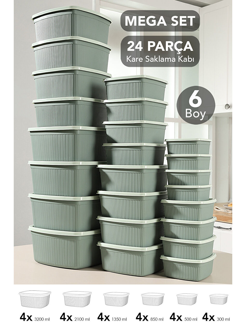 Yeşil 24'lü Çizgili Kare Erzak Gıda Saklama Kabı Seti