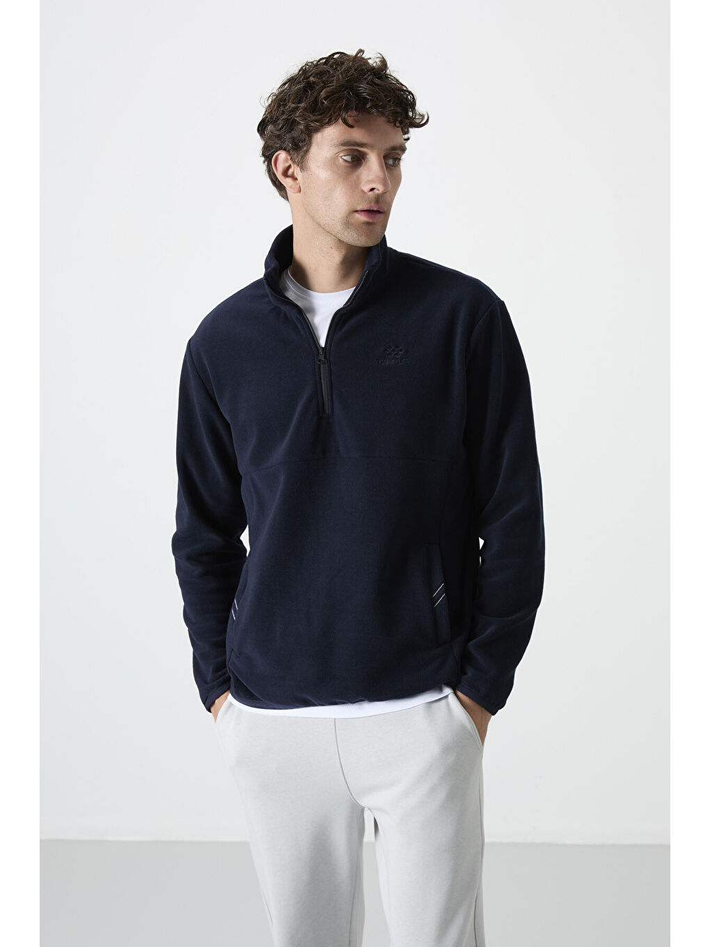 Lacivert Yarım Fermuarlı Sweatshirt Slim Fit Dik Yaka Erkek Polar - 87891-1