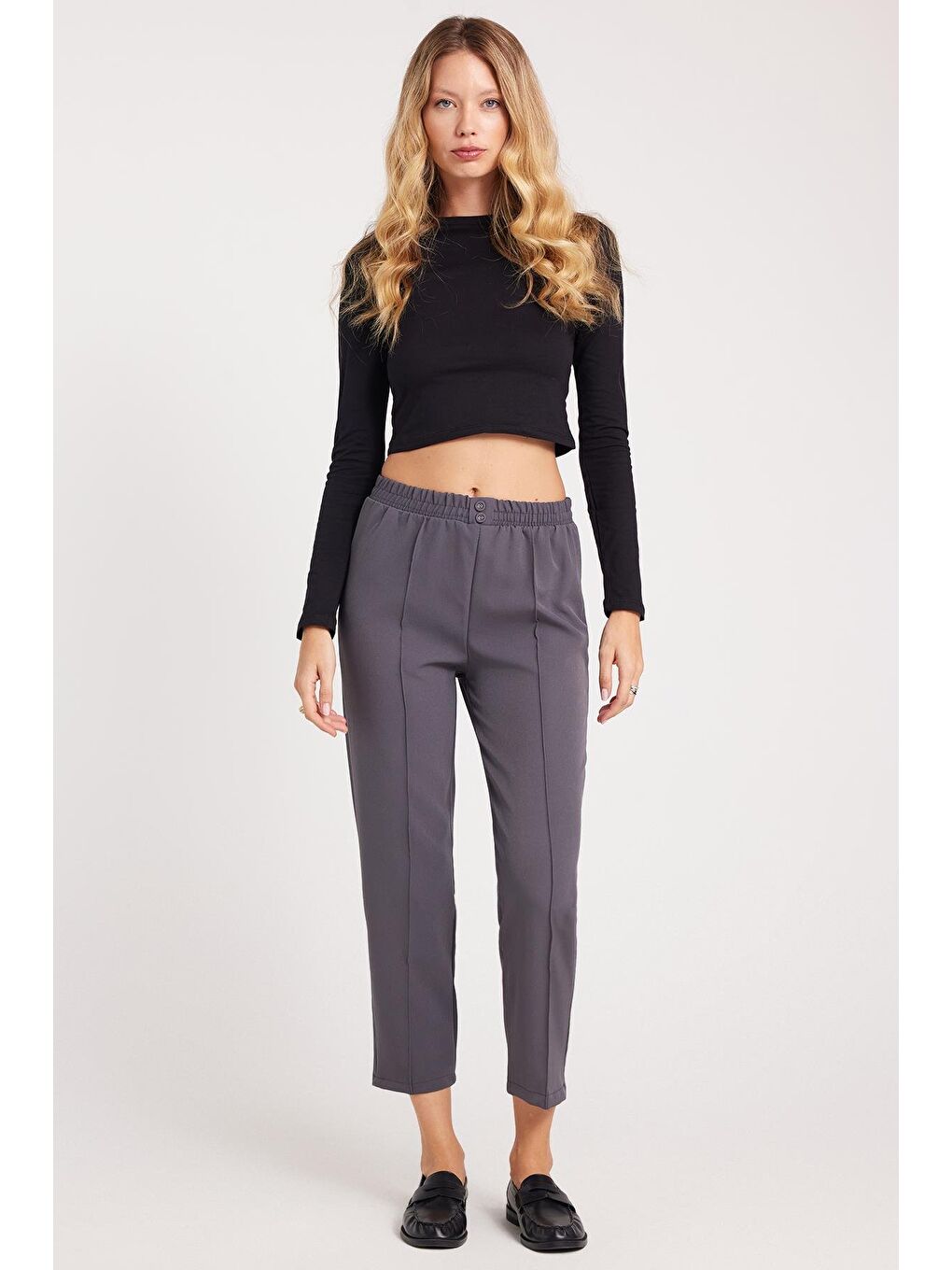 Kadın Relax Fit Rahat Kesim Yüksel Bel Düz Paça Beli Lastikli Antrasit Pantolon-4
