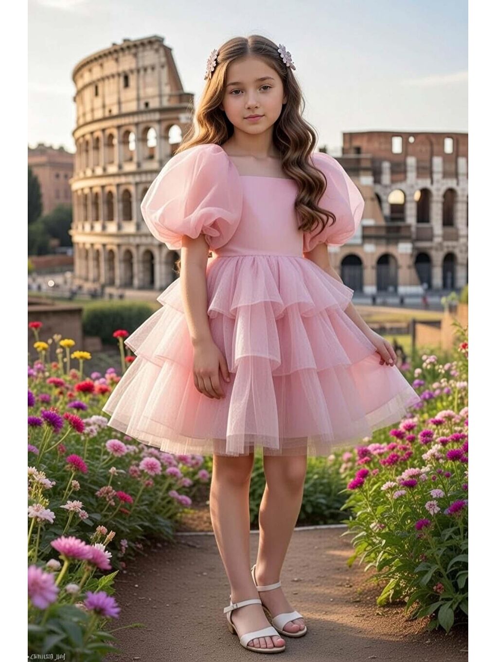 Pembe Kız Çocuk Kare Yaka Üzeri Kat Kat Pliseli Balon Kollu Kabarık Somon Abiye