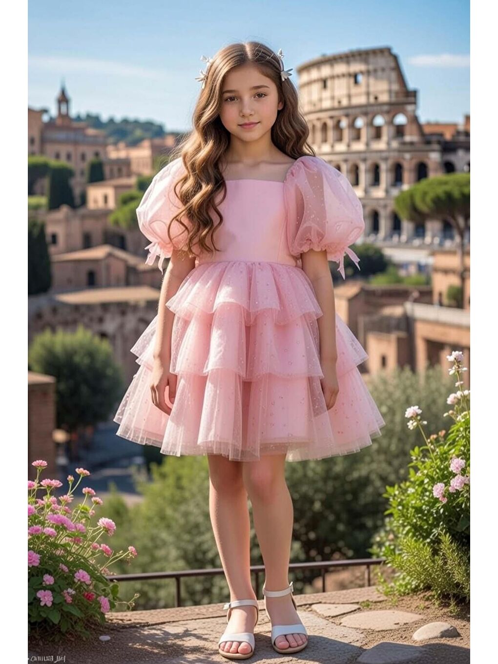 Pembe Kız Çocuk Kare Yaka Üzeri Kat Kat Pliseli Balon Kollu Kabarık Somon Abiye-1