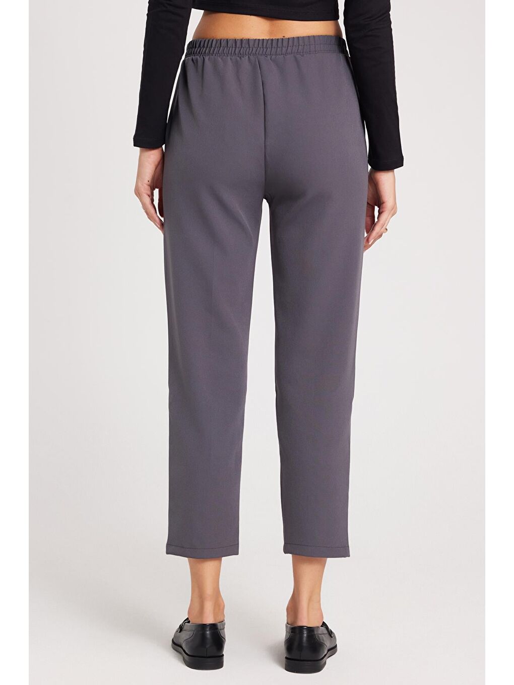 Kadın Relax Fit Rahat Kesim Yüksel Bel Düz Paça Beli Lastikli Antrasit Pantolon-6