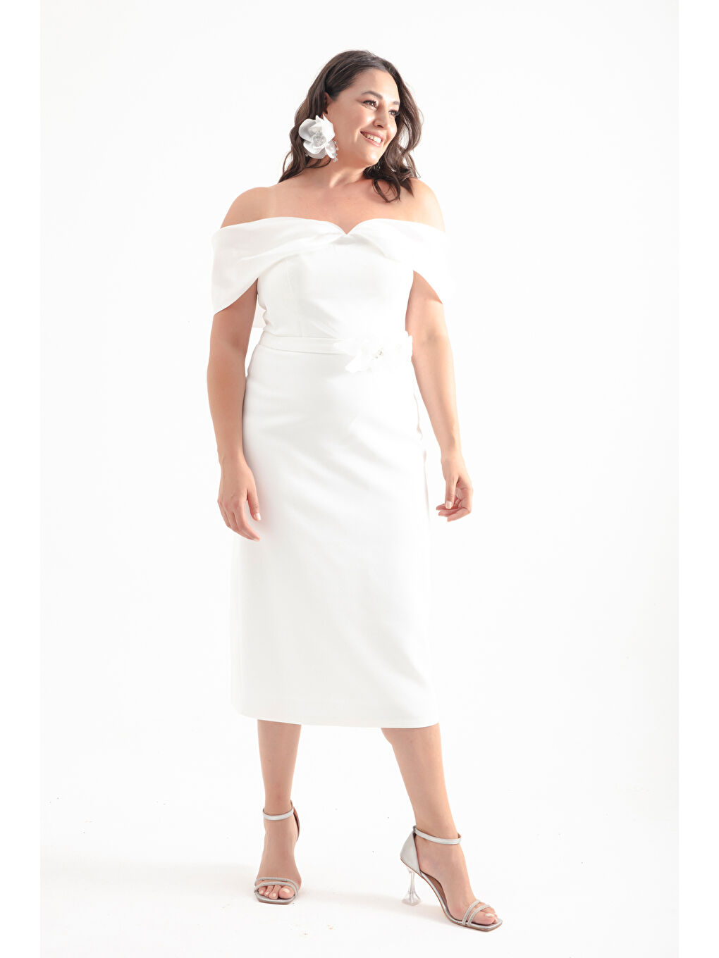 Kadın Beyaz Kayık Yaka Fiyonklu Midi Büyük Beden Abiye-2