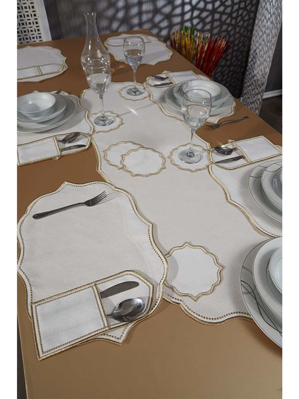 Sarı Damla Keten Nakışlı Amerikan Servis Takımı 19 Parça Gold-1