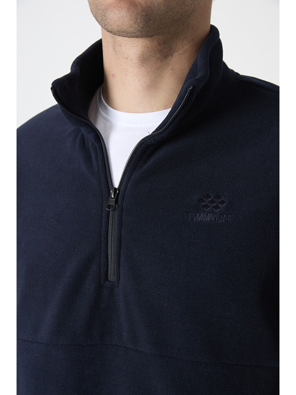 Lacivert Yarım Fermuarlı Sweatshirt Slim Fit Dik Yaka Erkek Polar - 87891-3