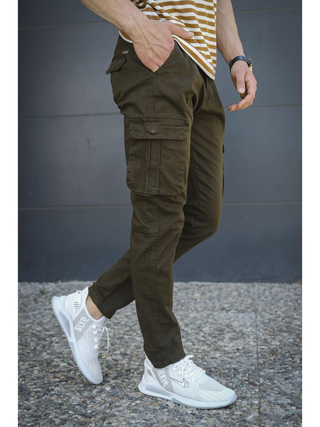 Haki Farrant Düz Paça Kargo Cep Erkek Pantolon-1