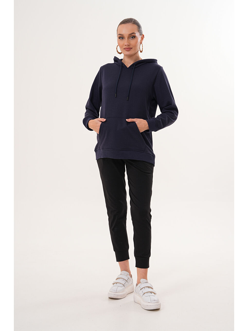 Lacivert %100 Pamuk Hamile ve Lohusa Basic Kapüşonlu Sweatshirt