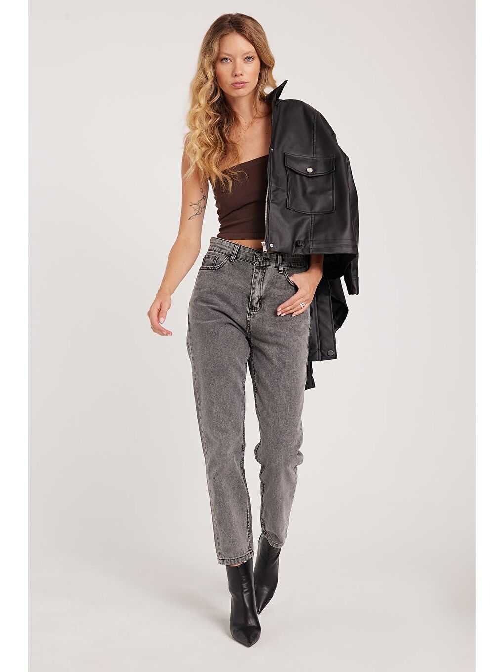 Kadın Slim Fit Dar Kesim Pamuklu Dar Paça Antrasit Jean Pantolon-1