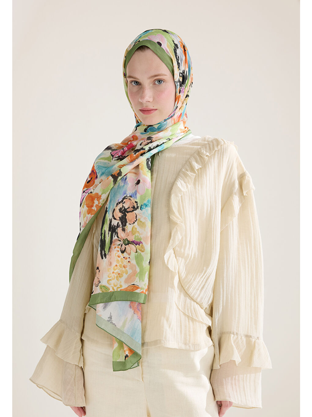 Yeşil Vınnıe Floş Viskon Şal Çağla-2