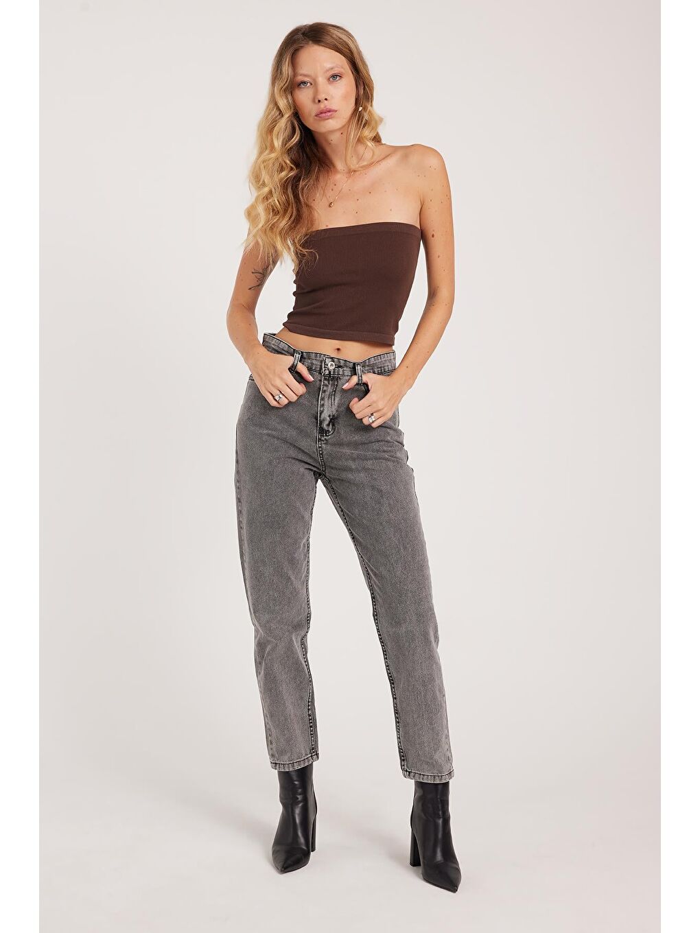 Kadın Slim Fit Dar Kesim Pamuklu Dar Paça Antrasit Jean Pantolon-3