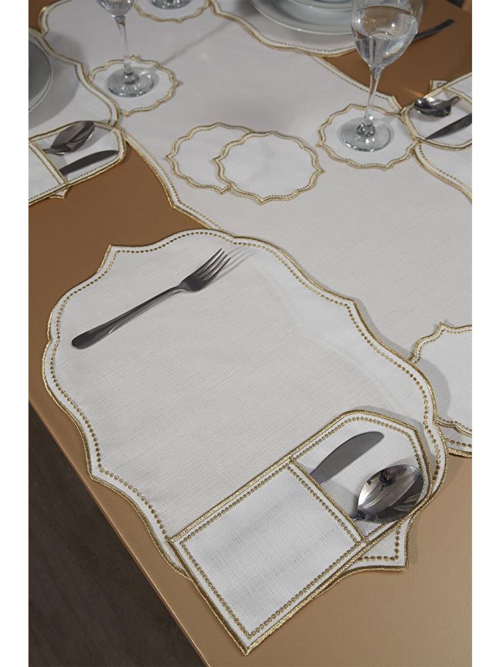 Sarı Damla Keten Nakışlı Amerikan Servis Takımı 19 Parça Gold-2