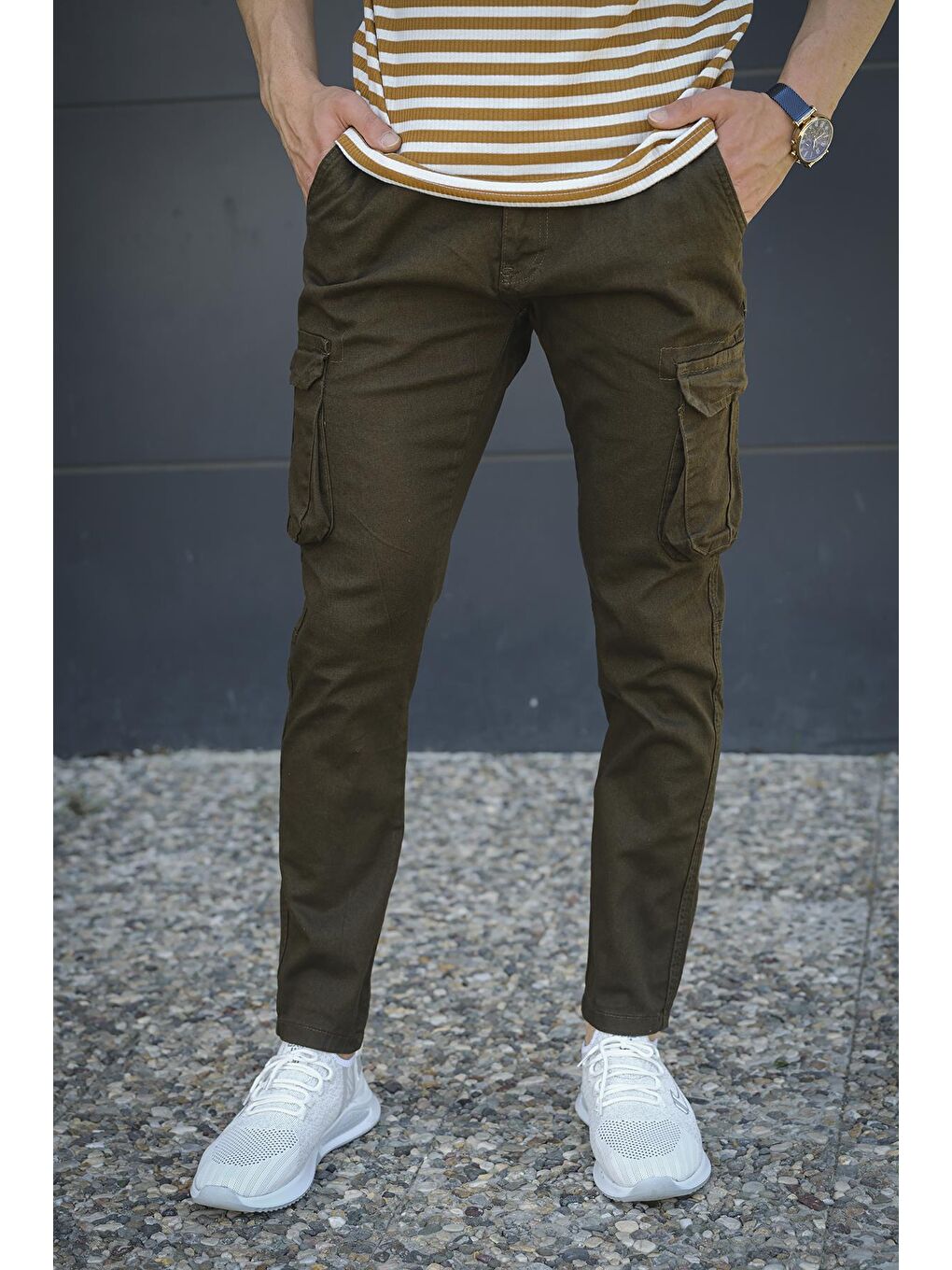 Haki Farrant Düz Paça Kargo Cep Erkek Pantolon-2