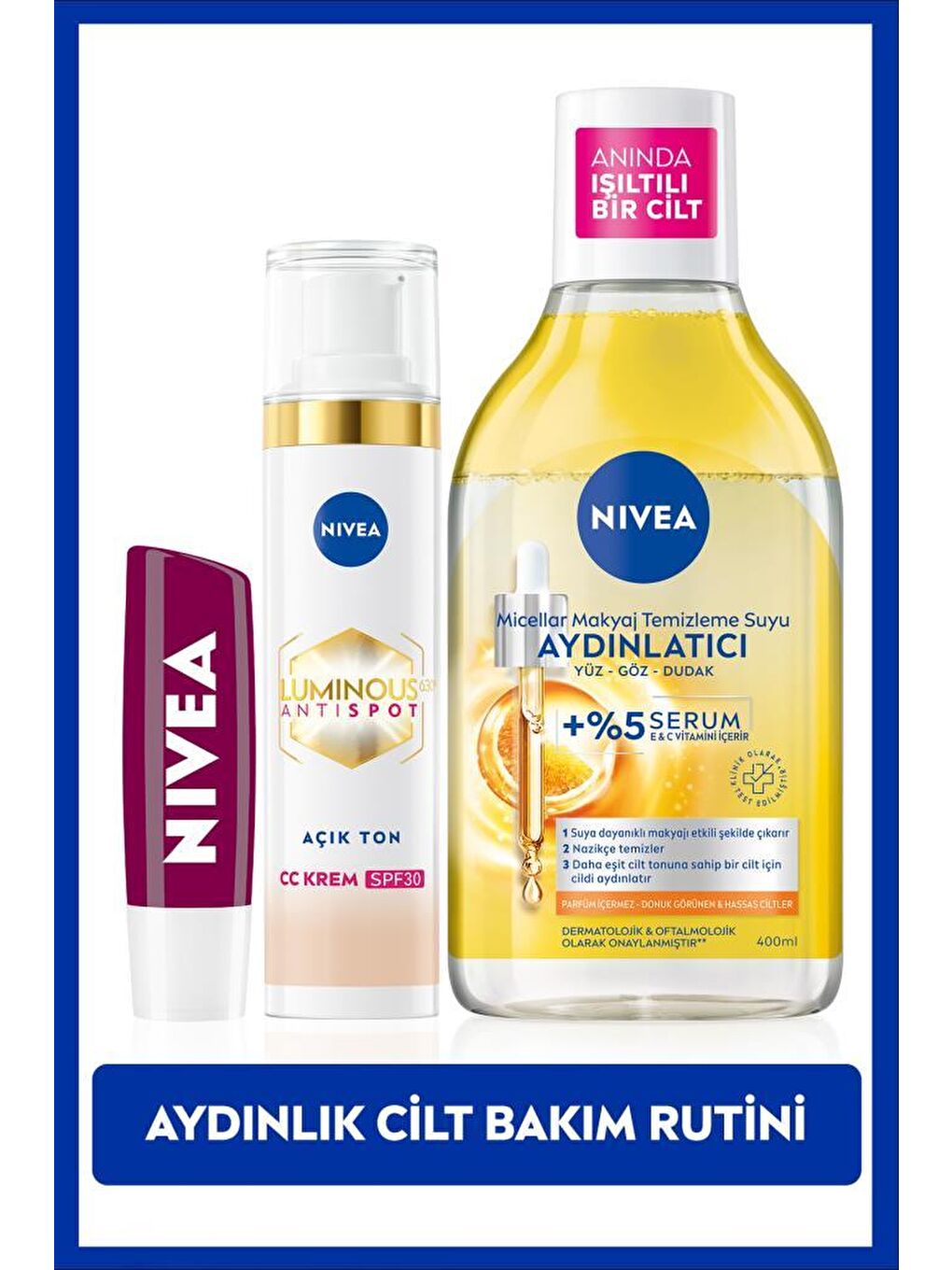 NIVEA Şeffaf Luminous630 CC Yüz Kremi 40ml, Aydınlatıcı Micellar Makyaj Temizleme Suyu 400ml, Dudak Bakım Kremi