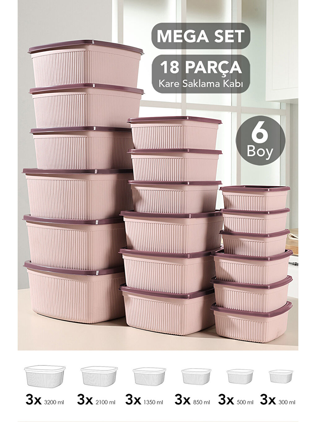 Pembe 18'li Çizgili Kare Erzak Gıda Saklama Kabı Seti