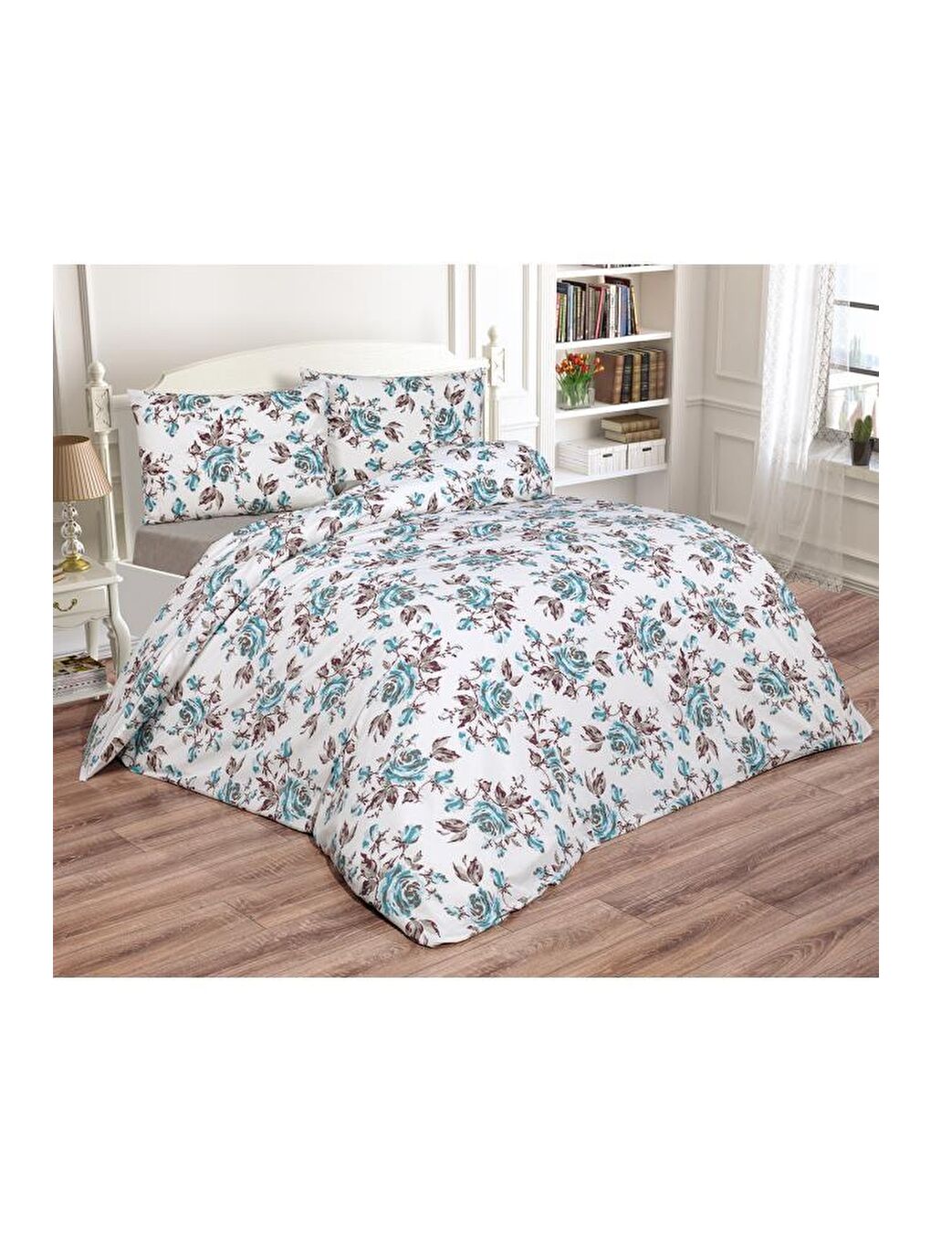 Tasya Çift Kişilik Lastikli Çarşaflı Nevresim Takımı Mavi-1