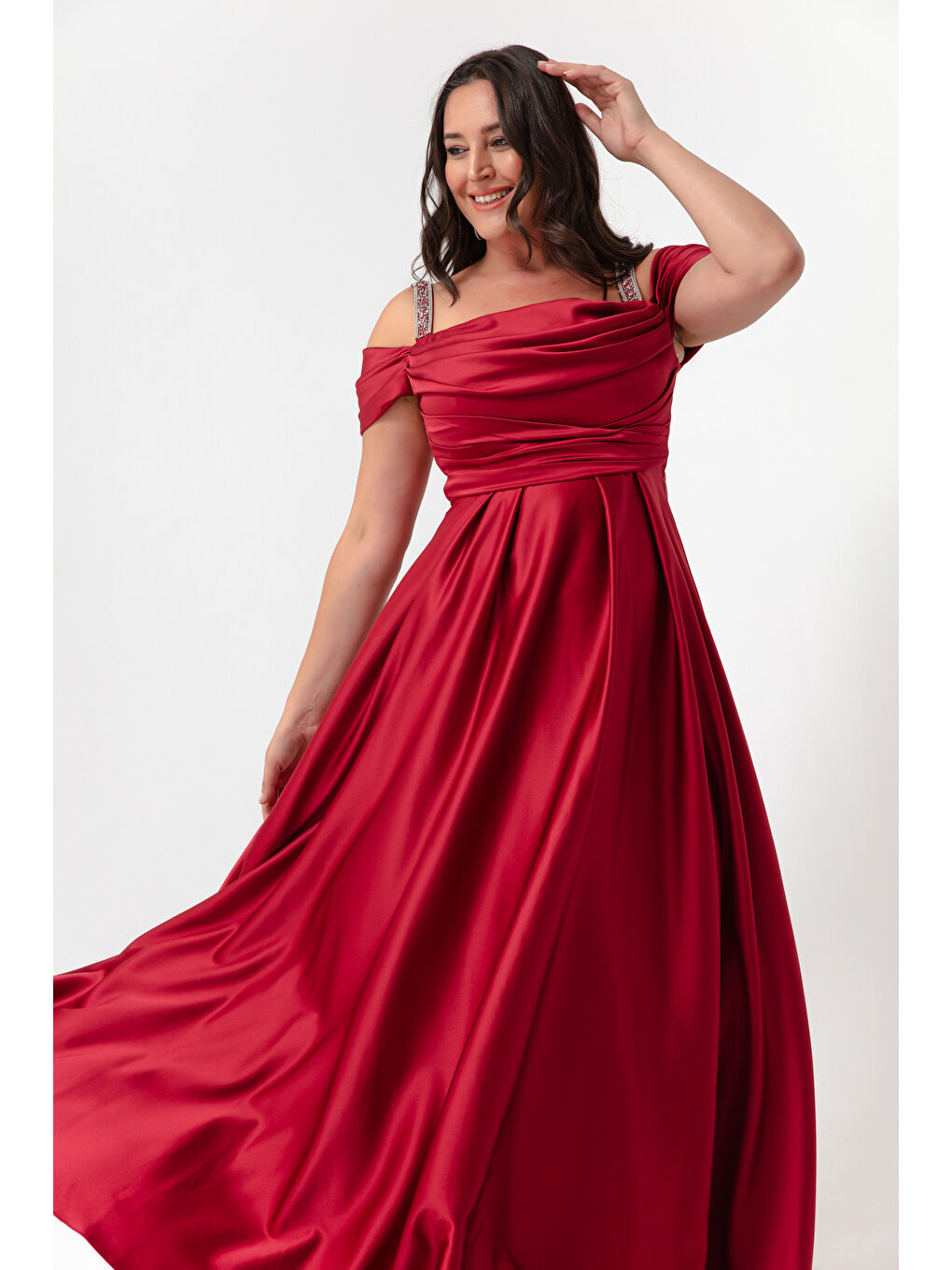 Kadın Bordo Taş Askılı Drapeli Büyük Beden Uzun Abiye Elbise-1