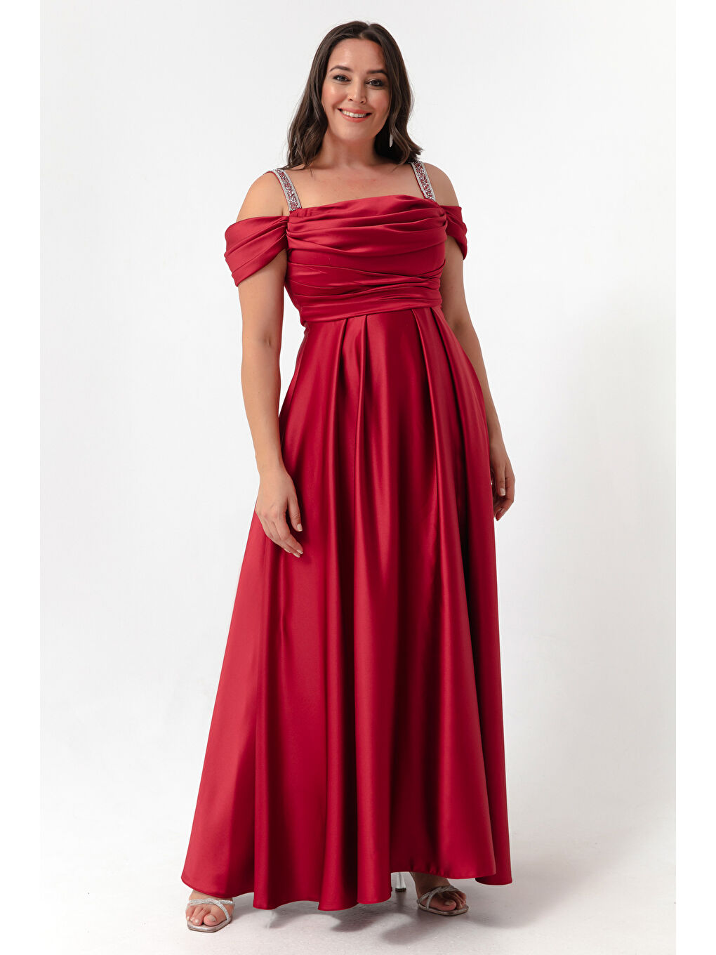 Kadın Bordo Taş Askılı Drapeli Büyük Beden Uzun Abiye Elbise-2