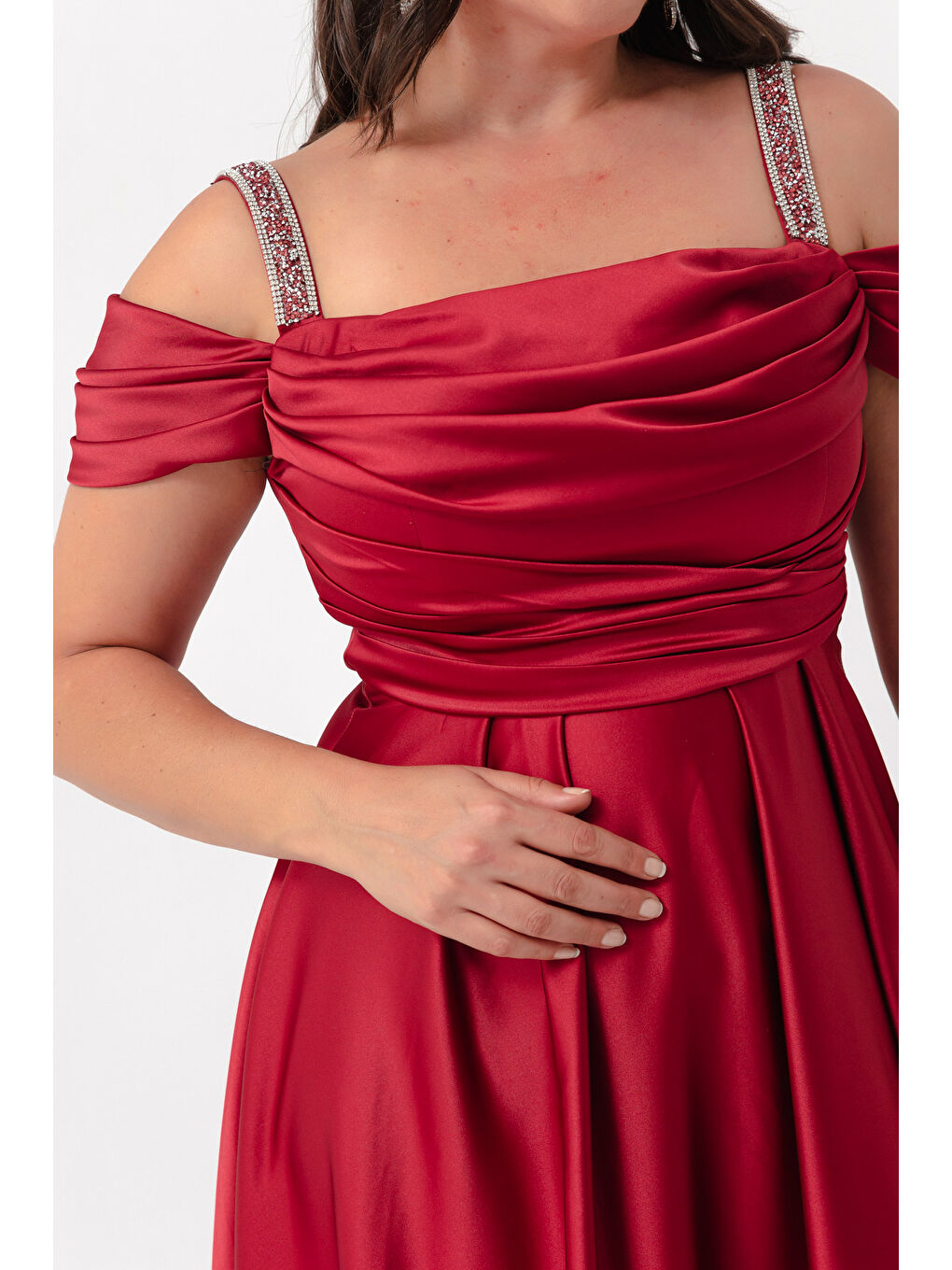 Kadın Bordo Taş Askılı Drapeli Büyük Beden Uzun Abiye Elbise-3