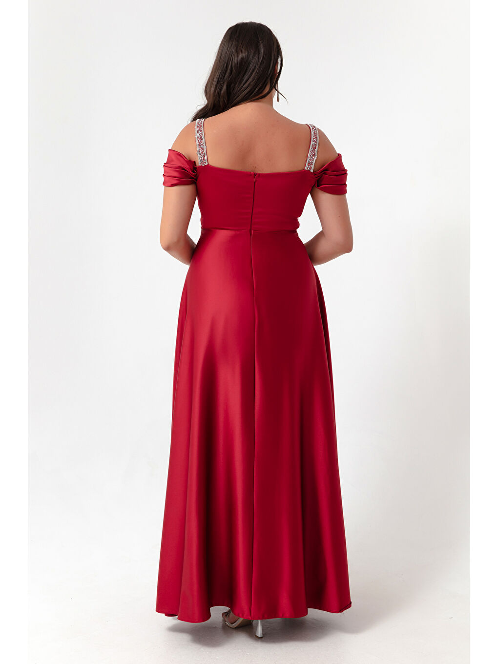 Kadın Bordo Taş Askılı Drapeli Büyük Beden Uzun Abiye Elbise-4
