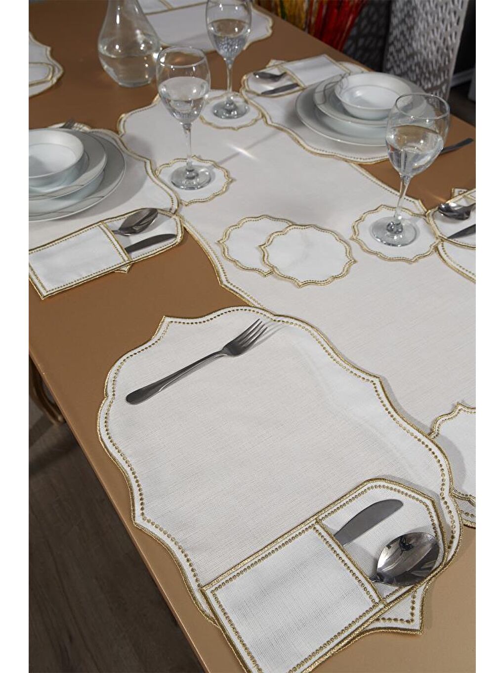 Sarı Damla Keten Nakışlı Amerikan Servis Takımı 19 Parça Gold-4