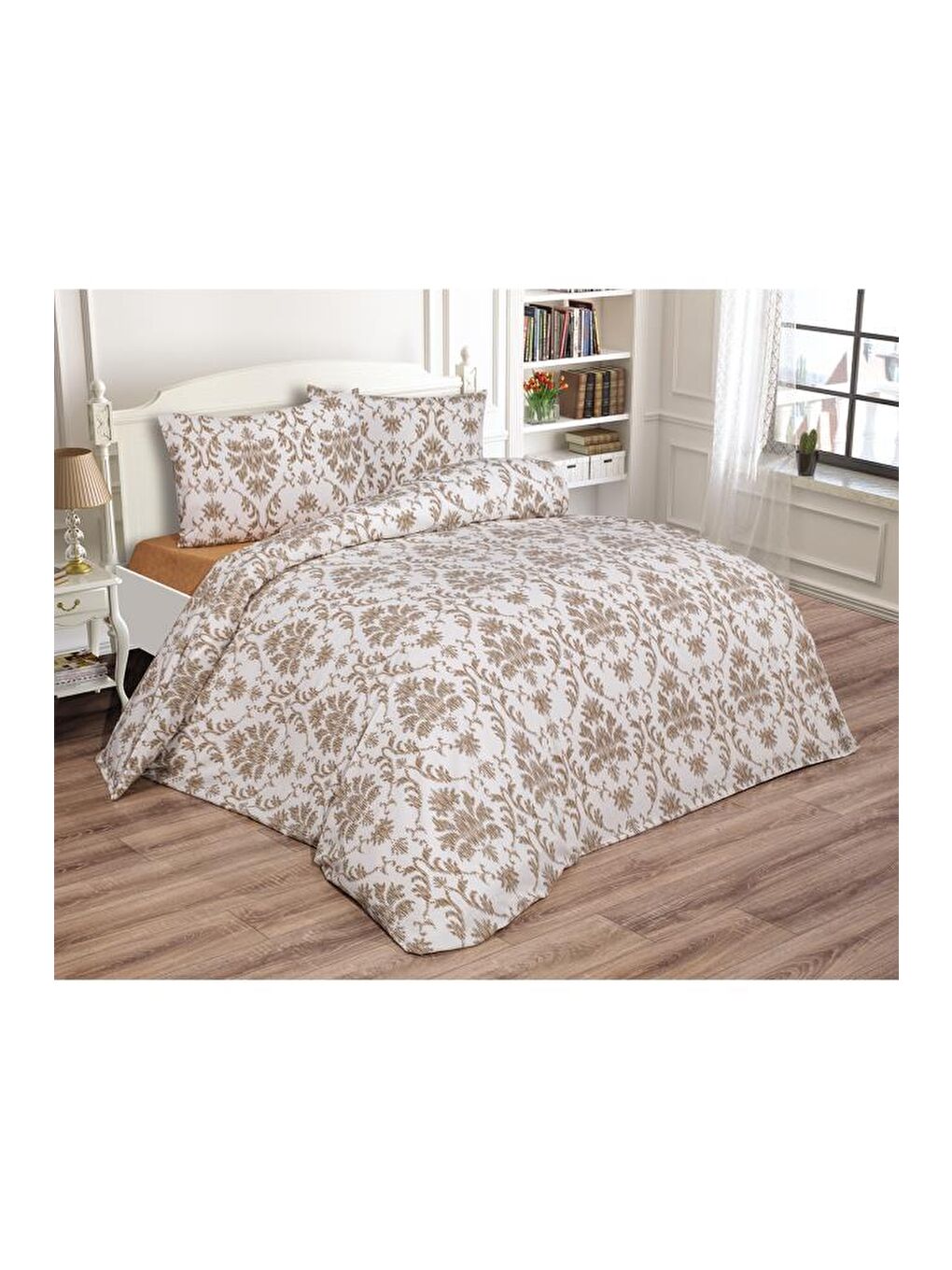 Mary Çift Kişilik Lastikli Çarşaflı Nevresim Takımı Bej-1