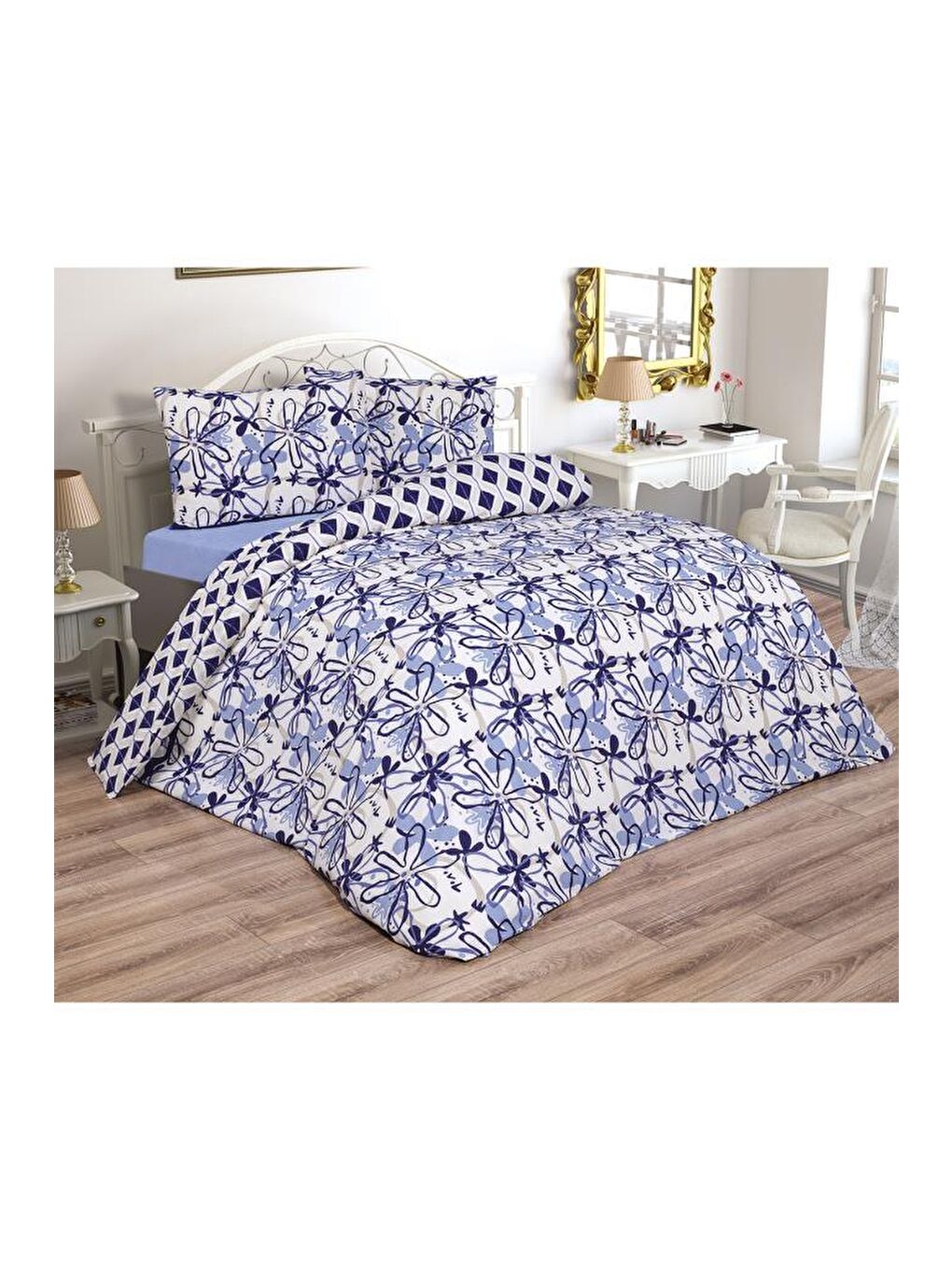 Erika Çift Kişilik Lastikli Çarşaflı Nevresim Takımı Mavi-1