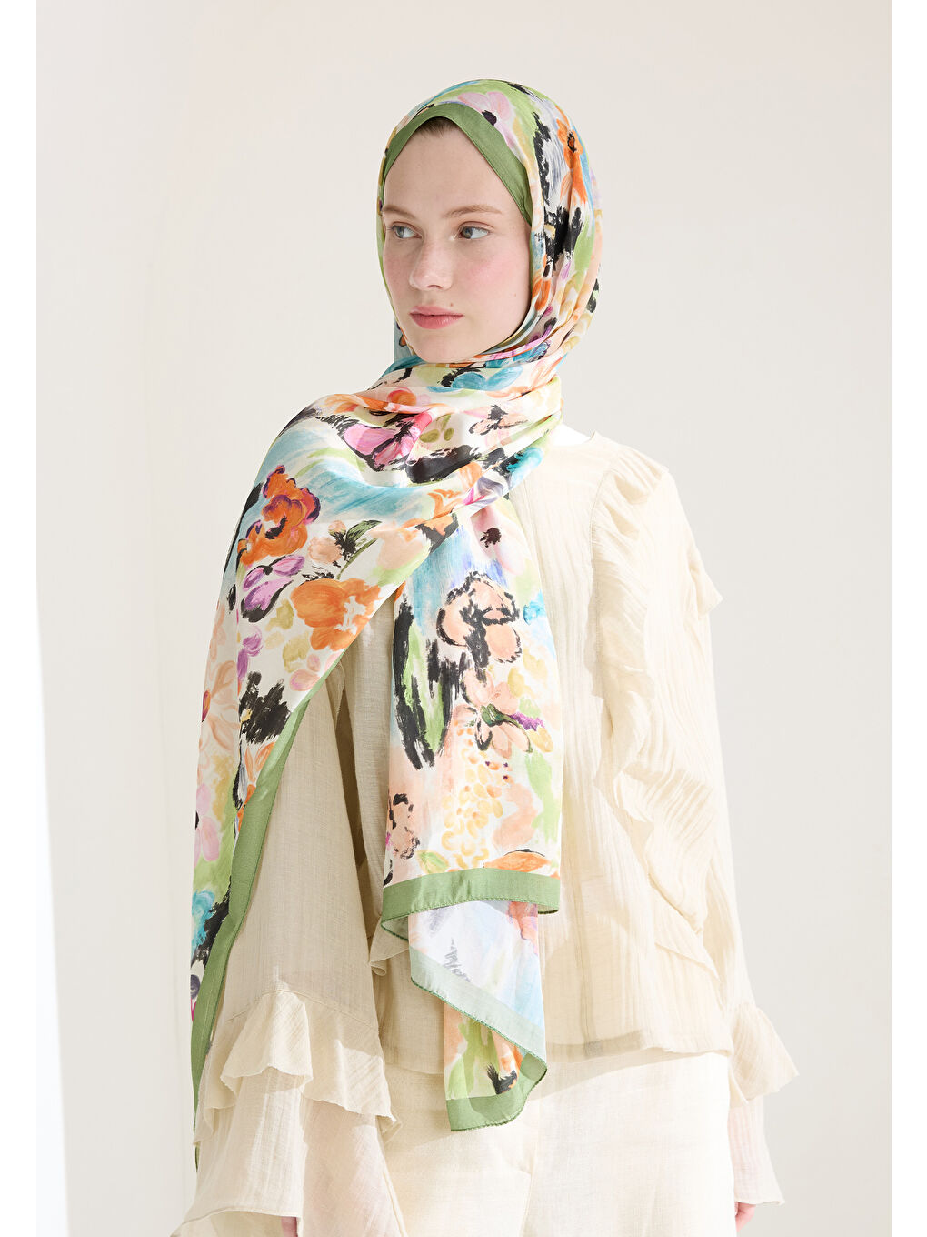 Yeşil Vınnıe Floş Viskon Şal Çağla-3