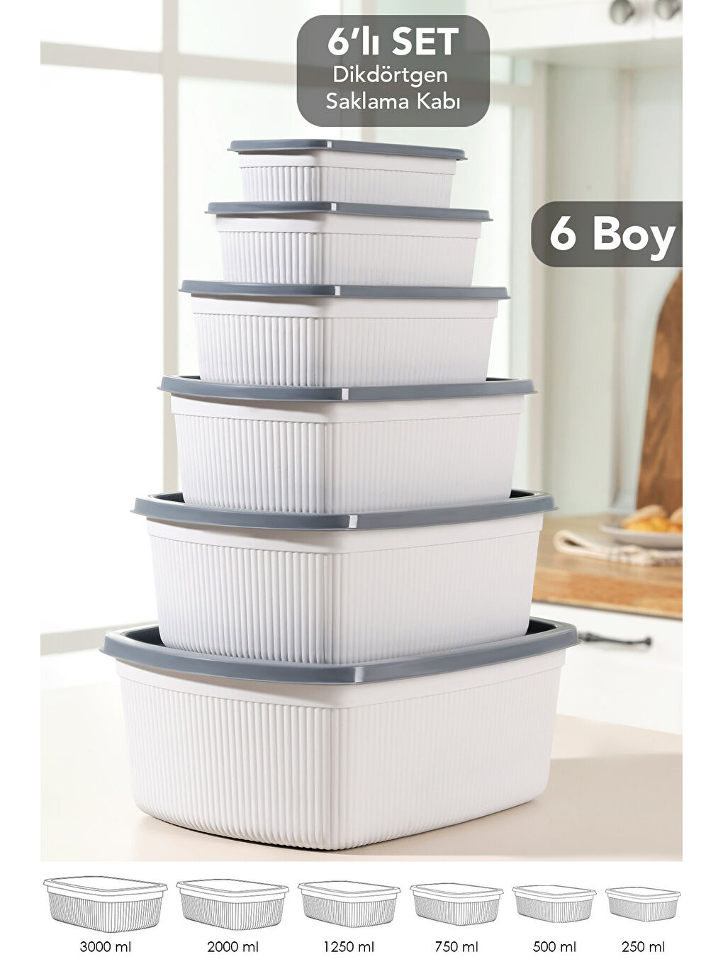 Gri 6'lı Çizgili Dikdörtgen Gıda Saklama Kabı Seti