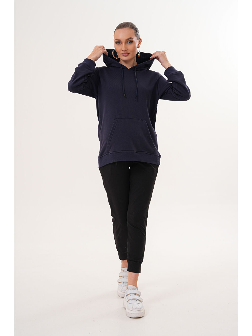 Lacivert %100 Pamuk Hamile ve Lohusa Basic Kapüşonlu Sweatshirt-1