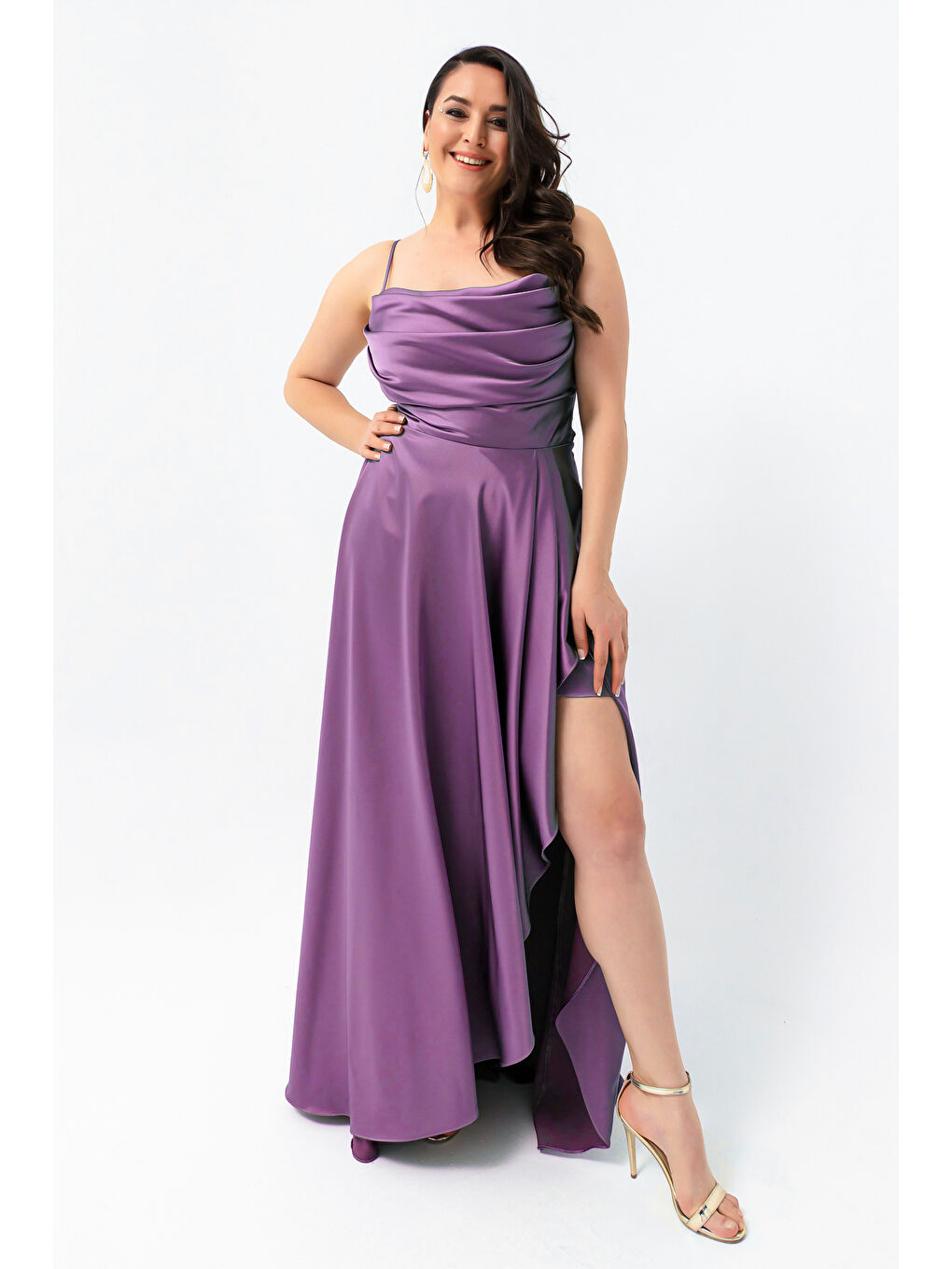 Lila Kadın Lavanta Volanlı Yırtmaçlı Büyük Beden Saten Abiye Mezuniyet Elbisesi-2