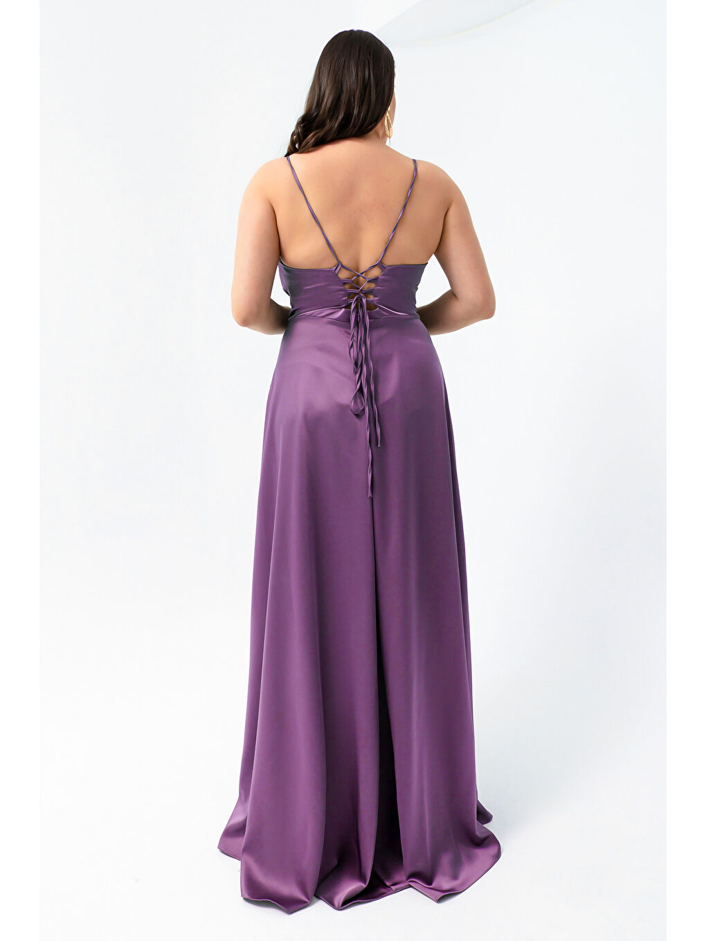 Lila Kadın Lavanta Volanlı Yırtmaçlı Büyük Beden Saten Abiye Mezuniyet Elbisesi-4