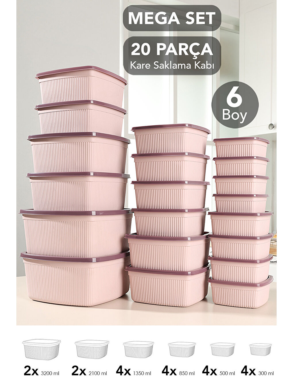 Pembe 20'li Çizgili Kare Erzak Gıda Saklama Kabı Seti