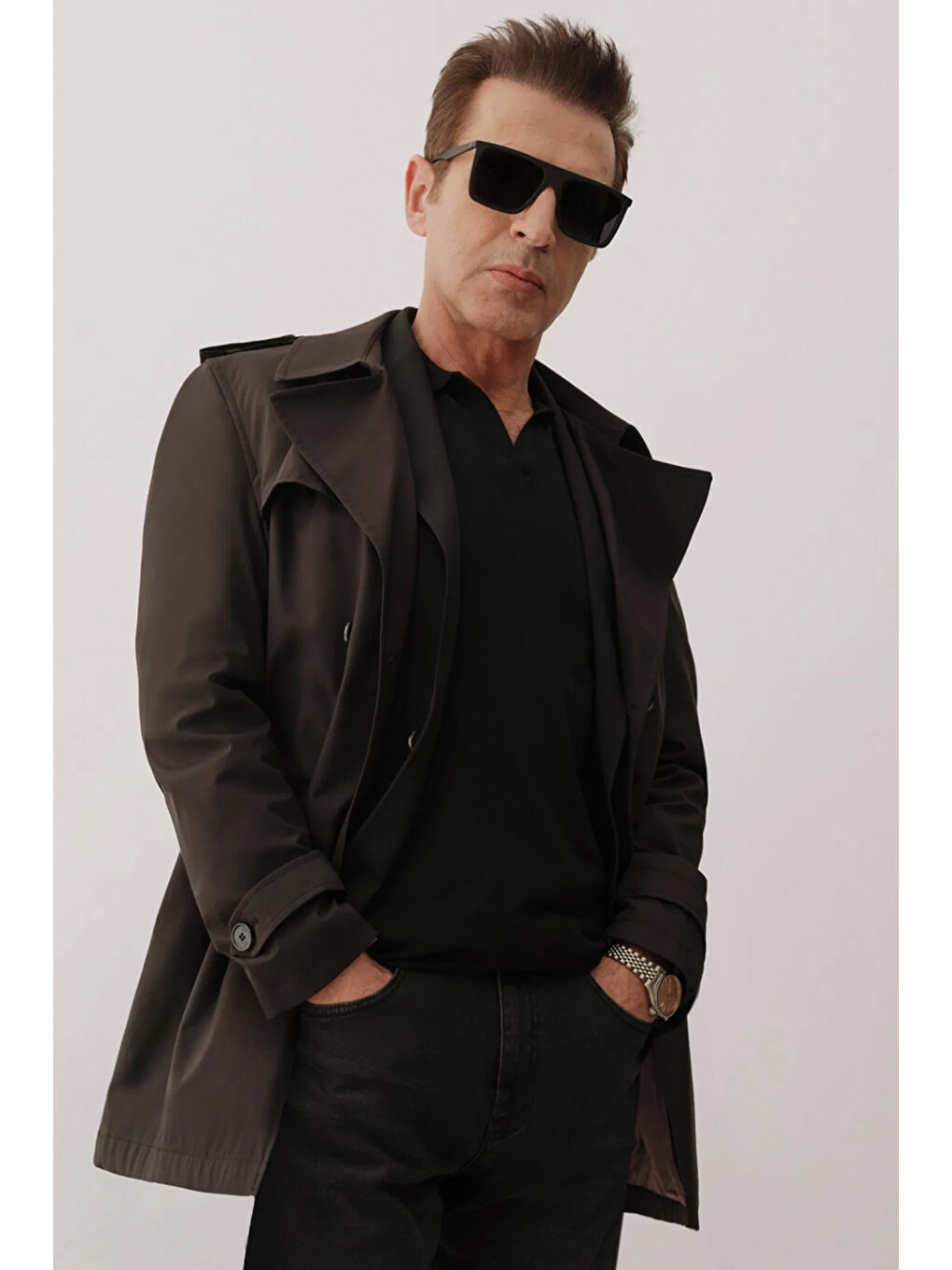 Regular Fit Siyah Apoletli Beli Kemerli Pardösü/Trenckot-1