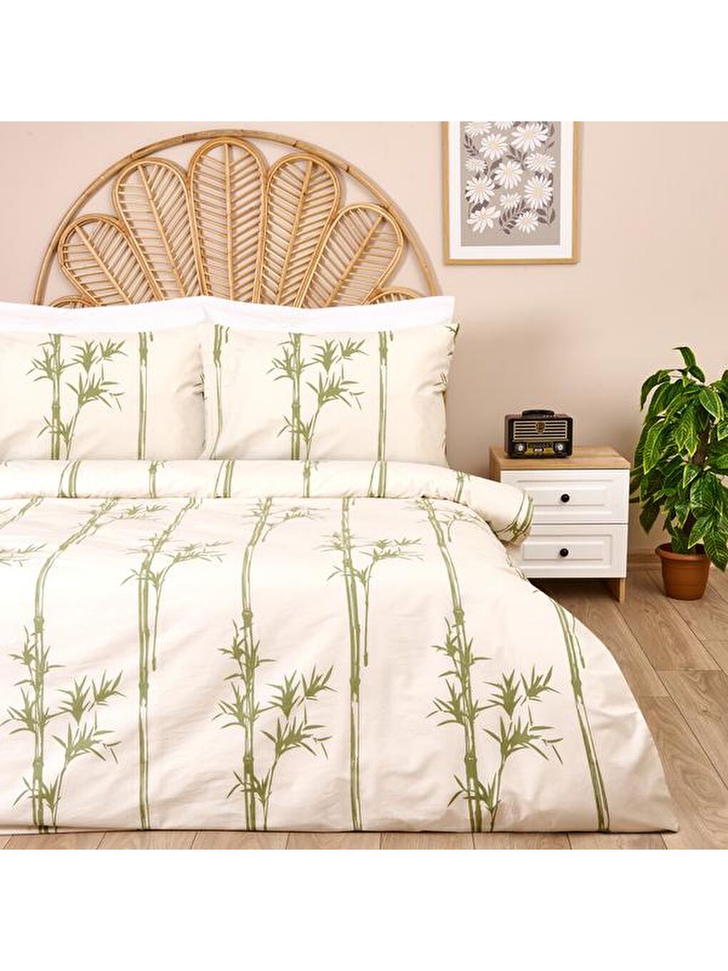 Lila Soft Blad Çift Kişilik Nevresim Takımı - Ekru / Yeşil