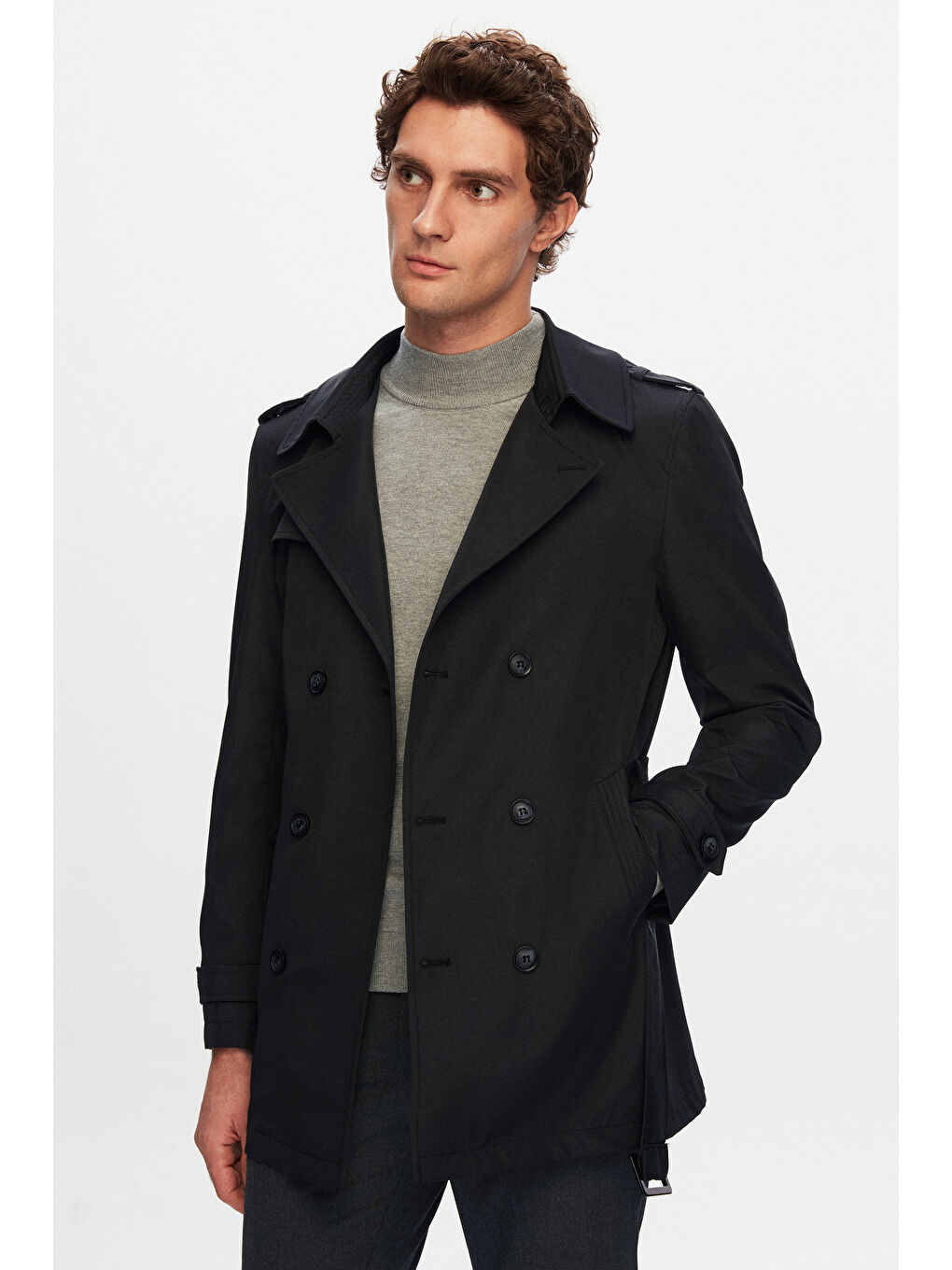 Regular Fit Siyah Apoletli Beli Kemerli Pardösü/Trenckot