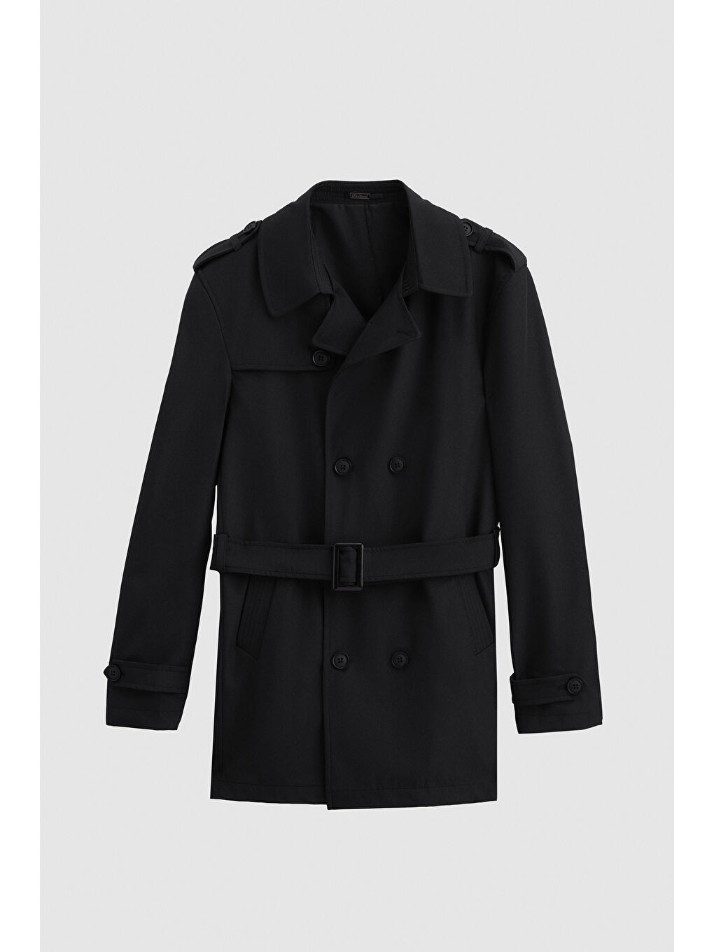 Regular Fit Siyah Apoletli Beli Kemerli Pardösü/Trenckot-4